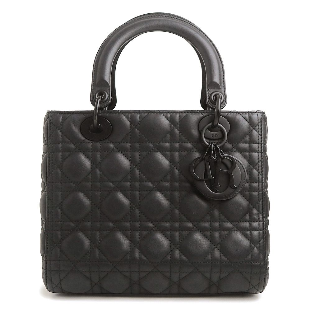 ディオール M0565SLOI Lady Dior レディ ディオール ミディアム カナージュ カーフスキン ブラック ハンドバッグ レザー マットブラック金具 Dior（中古）