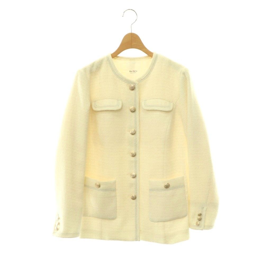 ハーリップトゥ Her lip to 26SS Classic Long Tweed Jacket ジャケット ノーカラー ツイード S ホワイト /HK ■OS ■SH