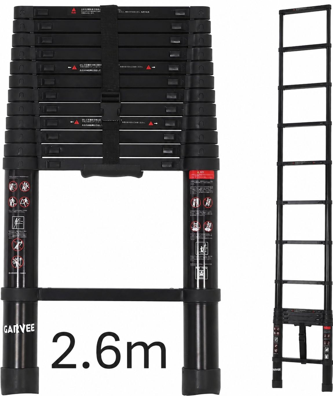 ガービー（Garvee） 伸縮はしご アルミ製 2.6m 耐荷重150kg 自動ロック 軽量 持ち運びやすい 折り畳み コンパクト 収納簡単 多機能 室内外 ブラック
