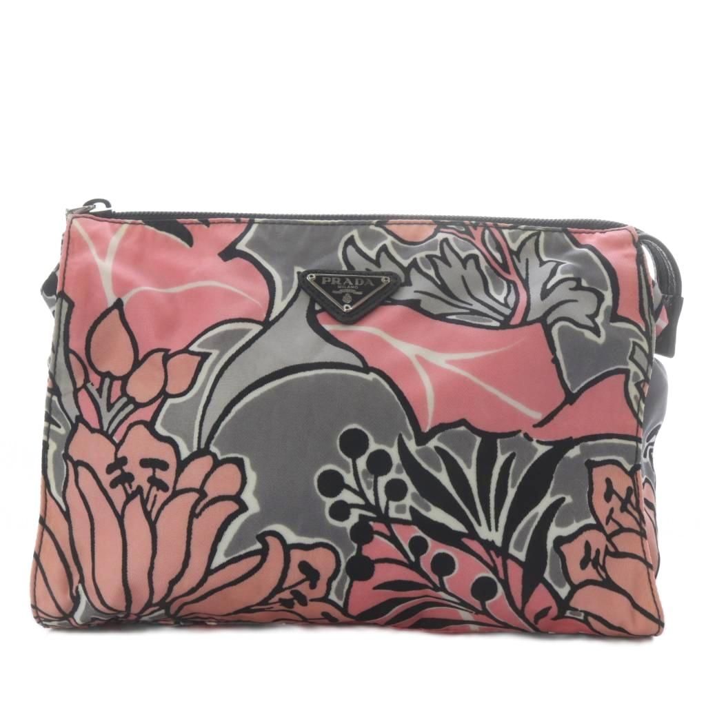 プラダ PRADA ポーチ フラワープリント ナイロン ピンク /YO30 ■OH