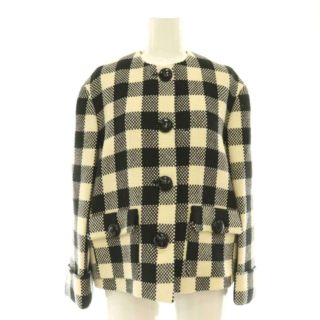 グッチ GUCCI チェック ノーカラージャケット ウール 総裏地 38 アイボリー ブラック 731314 /CX ■OS