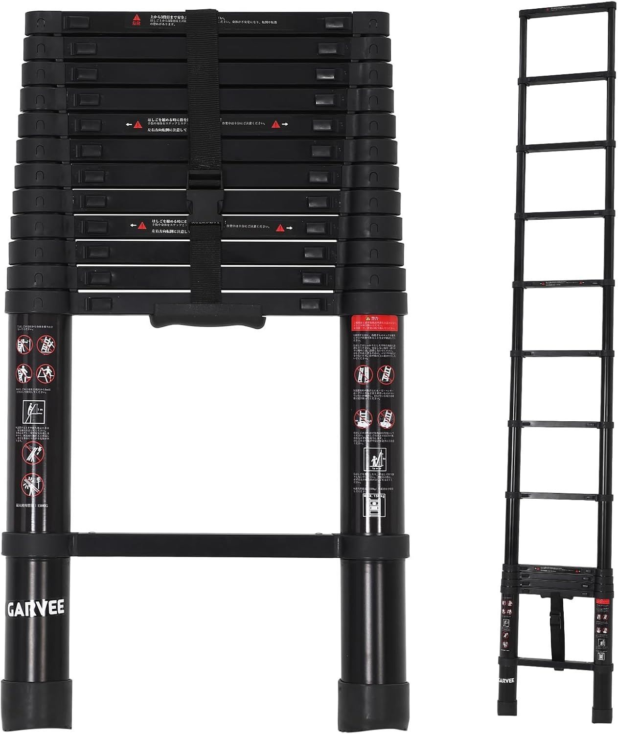 ガービー（Garvee） 伸縮はしご アルミ製 3.2m 耐荷重150kg 自動ロック 軽量 持ち運びやすい 折り畳み コンパクト 収納簡単 多機能 室内外 ブラック