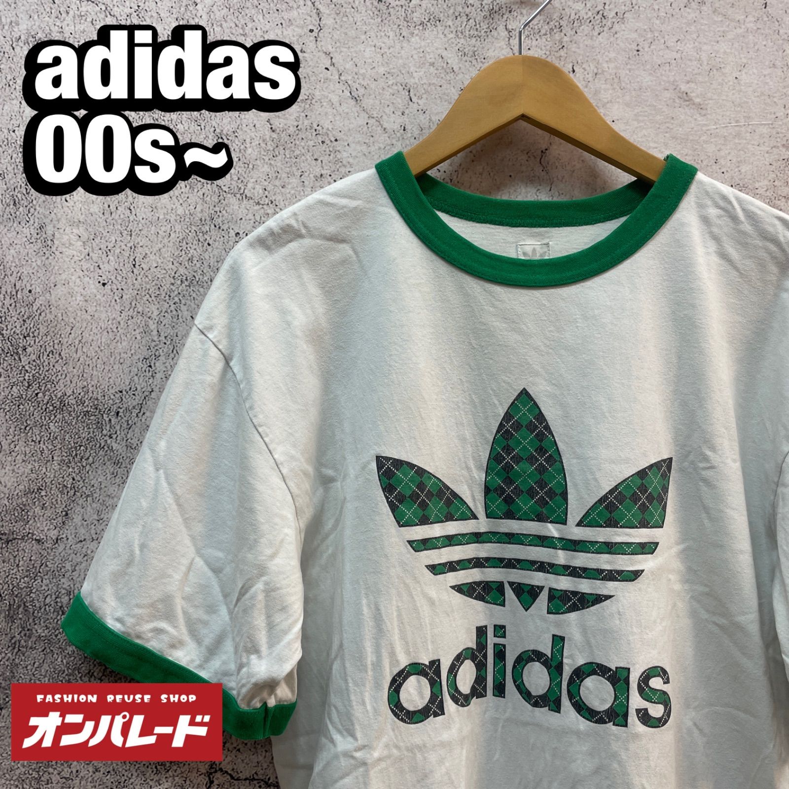 00s~ 白タグ adidas アディダス トレファイル ロゴ タータンチェック リンガー Tシャツ レア