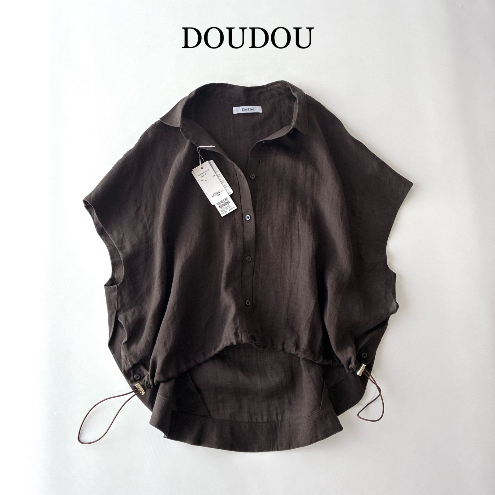 タグ付 人気 2025 DOUDOU リネンドロストフレンチシャツ / ダーク