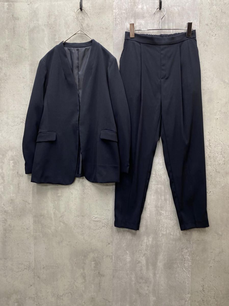 Flolia フロリア ノーカラー ジャケット タック パンツ スーツ セットアップ フォーマル オフィス sizeM/ブラック ■◆◎レディース