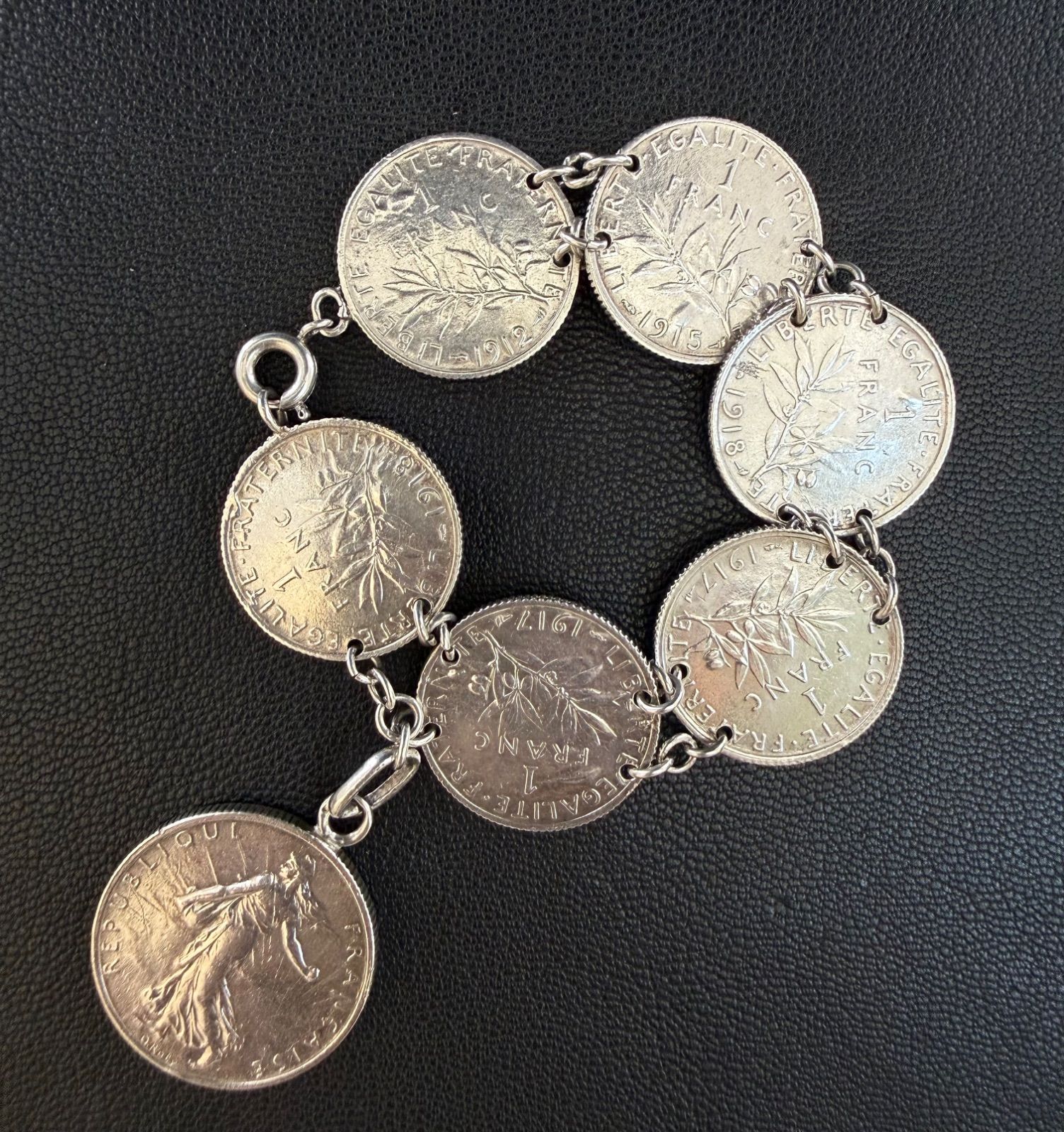 French Vintage 1910s Real Silver Coin Charm Bracelet | フレンチヴィンテージ | リアルシルバーコイン 7連チャームブレスレット | 全長約17.5cm | Cabine Vintage