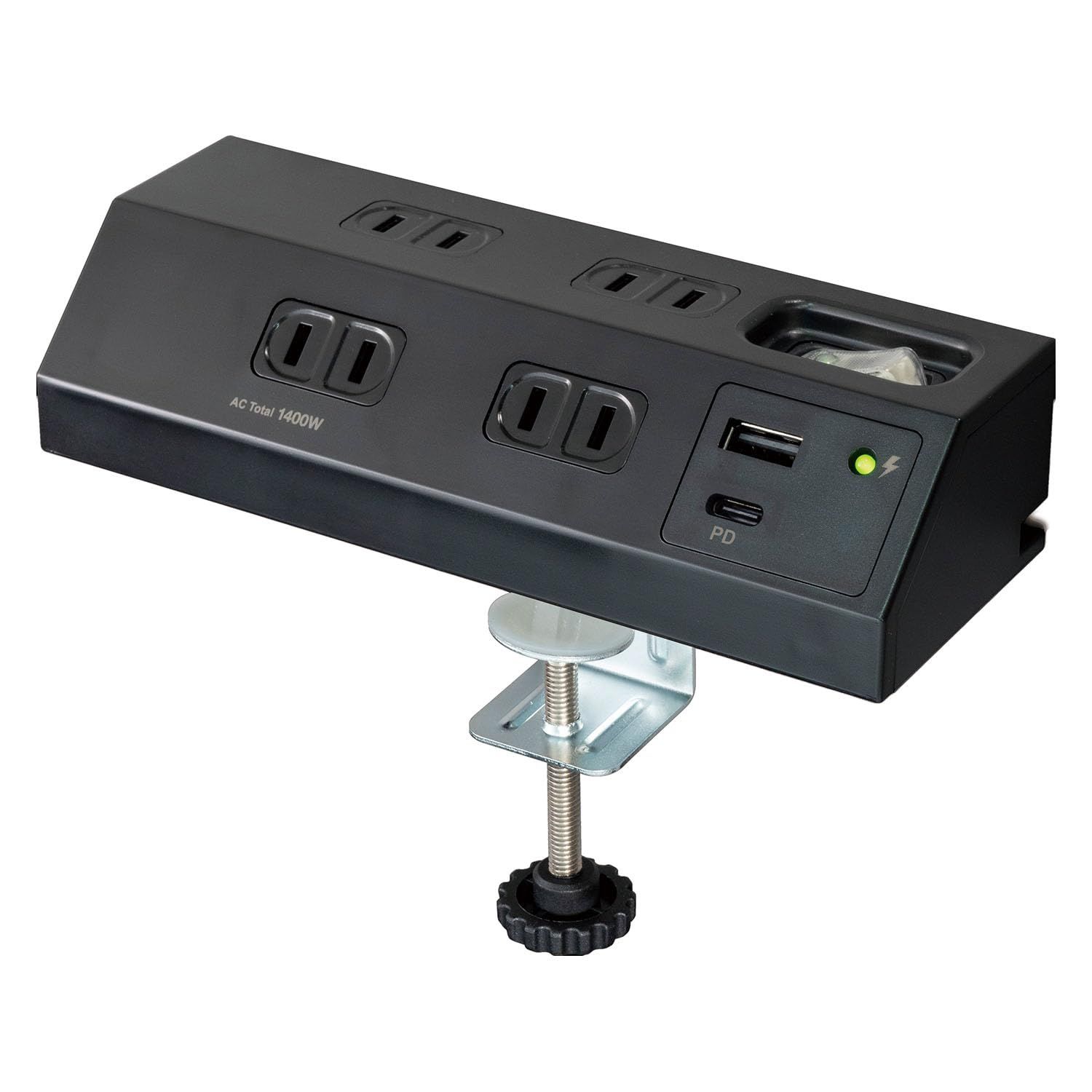 エルパ(ELPA) デスクUSBタップ PD20W ブラック 急速充電対応 Type-C Type-A USBポート付 コンセントタップ 4個口 2m 卓上 クランプ式 スマホ タブレット 充電器 節電 待機電力カット 個別スイッチ 雷ガード 03261a14