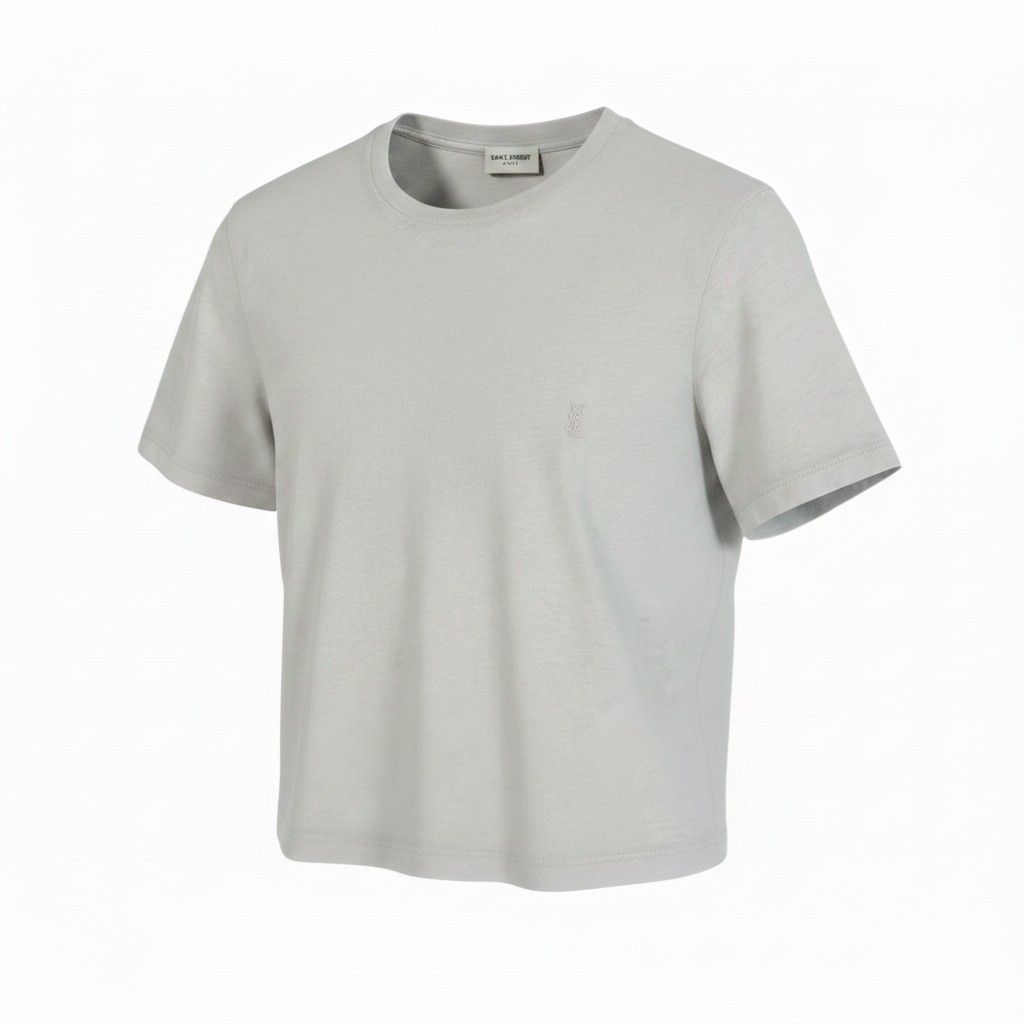 Ee29 SAINT LAURENT サンローラン クロップド丈 クルーネック 半袖Tシャツ YSLロゴ刺繡 サイズL ライトグレー コットン100％ レディース 女性服u02t