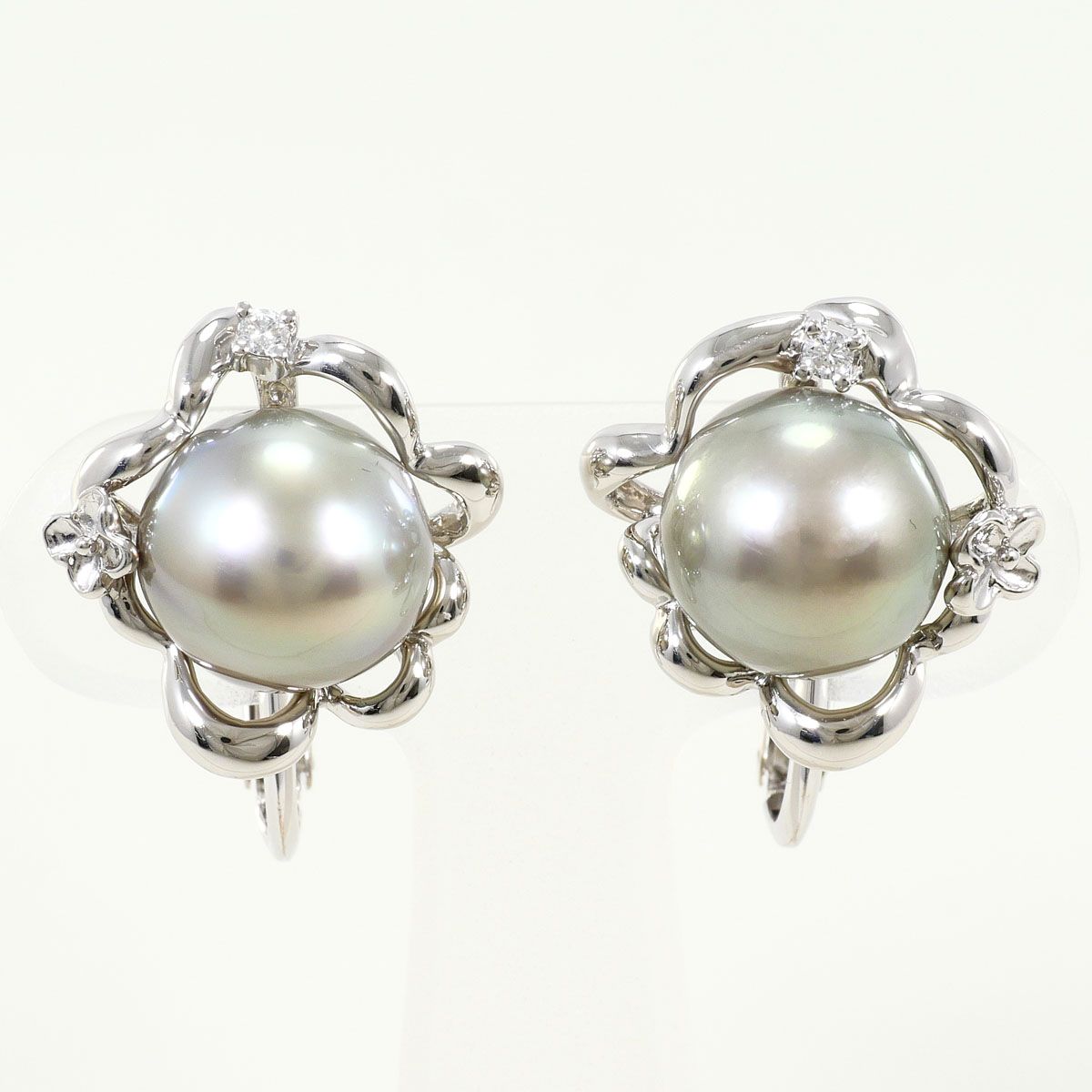 PT900/プラチナ K14WG イヤリング clip-on earrings 黒蝶真珠 ダイヤモンド 0.03ct カード鑑別書 総重量約15.0g