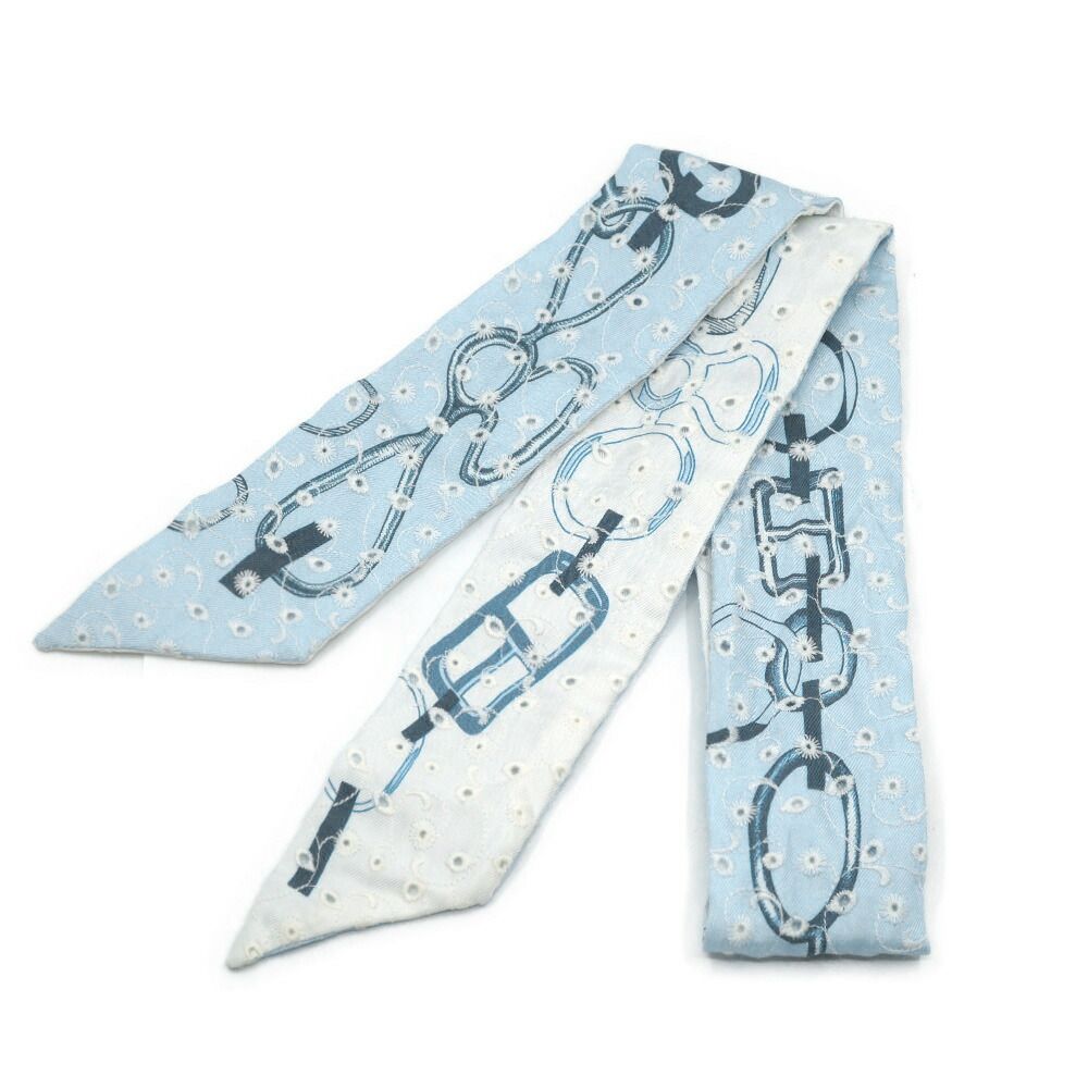 【栄】エルメス ド レ ブックル ブロデリー アングレーズ ブルー系 ホワイト ツイリー スカーフ 小物 衣料品 その他 箱