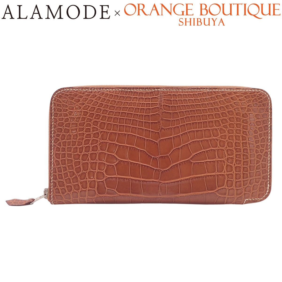HERMES(エルメス) アザップロング ゴールド ブラウン茶 アリゲーター クロコダイル パラジウム金具 シルバー金具 □M刻印 ロングウォレット ラウンドファスナー ジップアラウンド レディース 40802192553【中古】【アラモード】