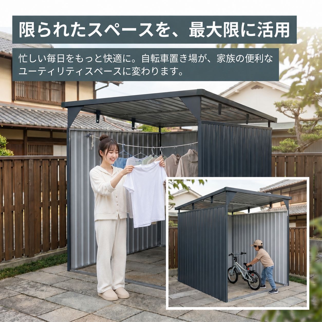 今だけ2000円OFFクーポン配布中】物干し竿付き サイクルポート 3面囲い