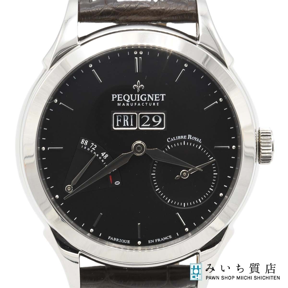 腕時計 稼働 PEQUIGNET ペキニエ 9010243 自動巻き 黒色文字盤 取説/ギャラ/純正ベルト付き H23050