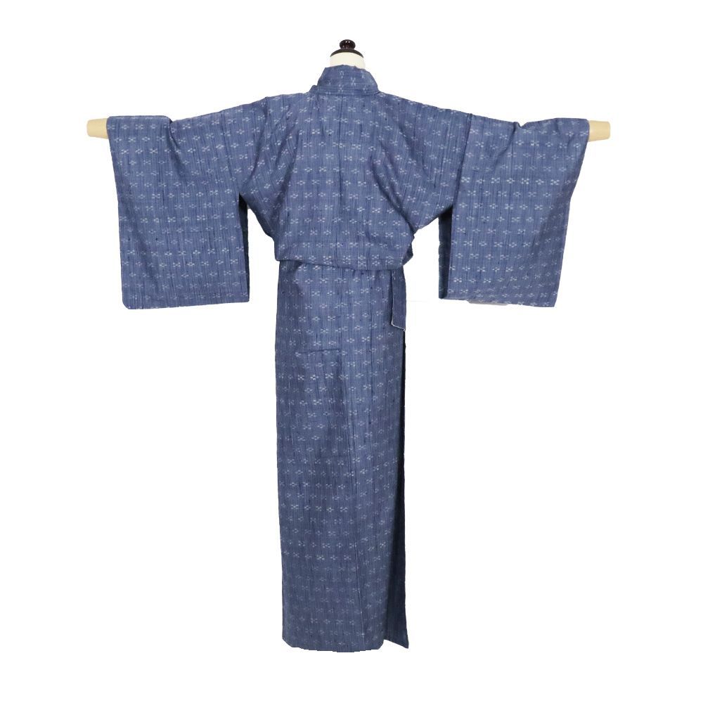 単衣 紬 正絹 紺 グレー 絣 Sサイズ ki32274 美品 ひとえ 夏着物