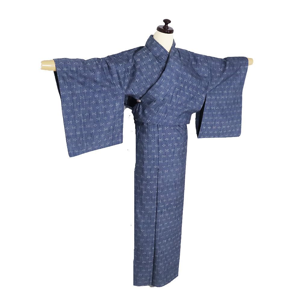 単衣 紬 正絹 紺 グレー 絣 Sサイズ ki32274 美品 ひとえ 夏着物