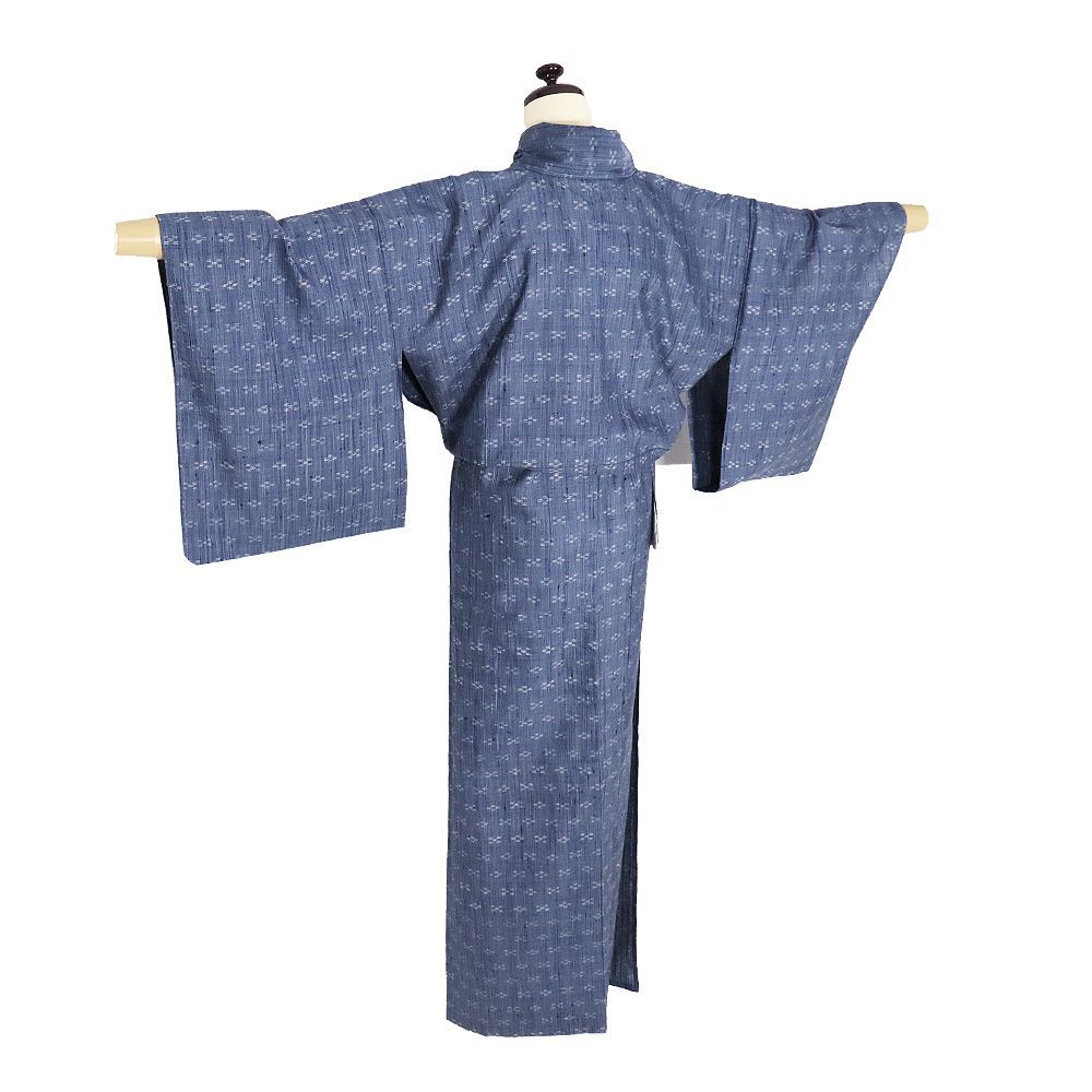 単衣 紬 正絹 紺 グレー 絣 Sサイズ ki32274 美品 ひとえ 夏着物