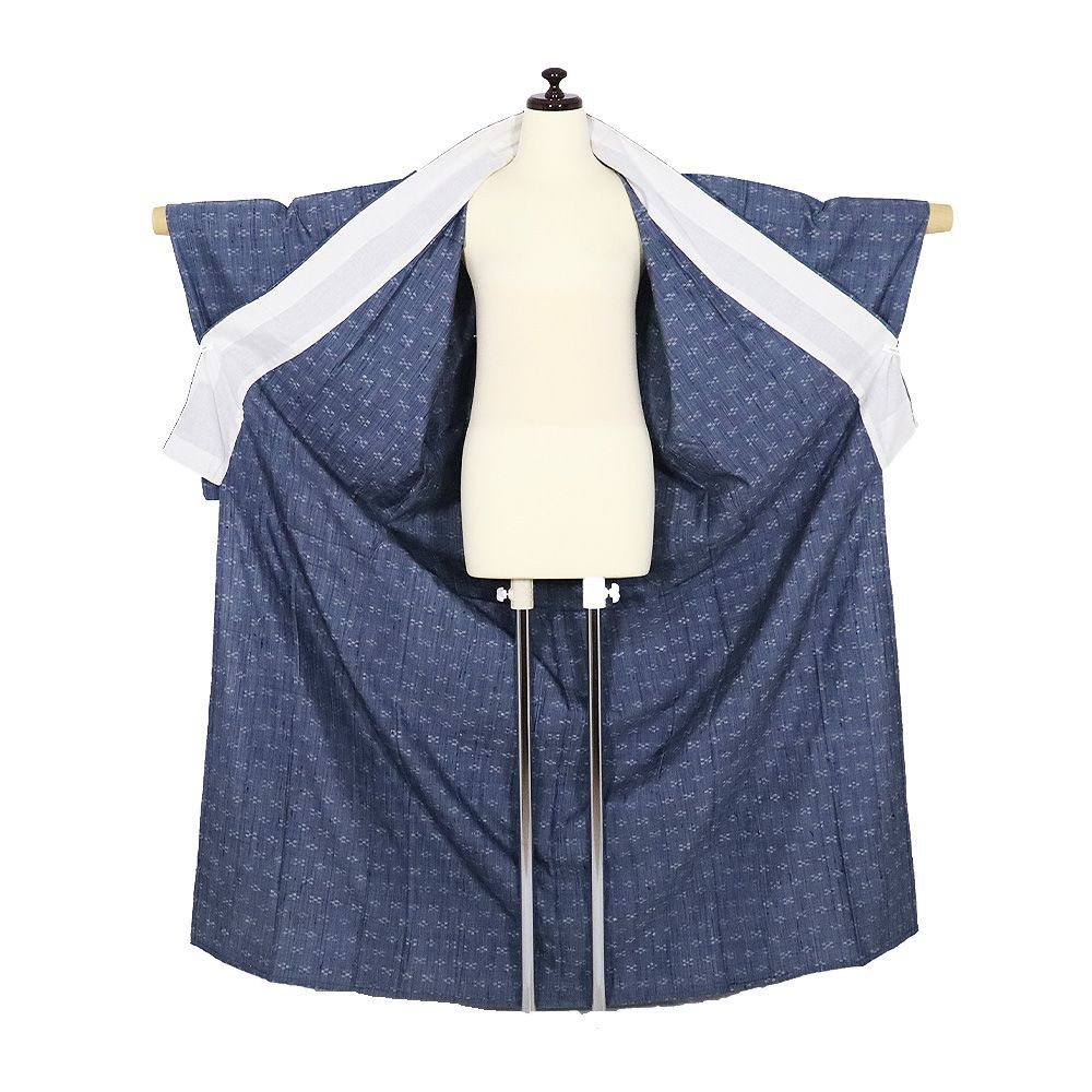 単衣 紬 正絹 紺 グレー 絣 Sサイズ ki32274 美品 ひとえ 夏着物