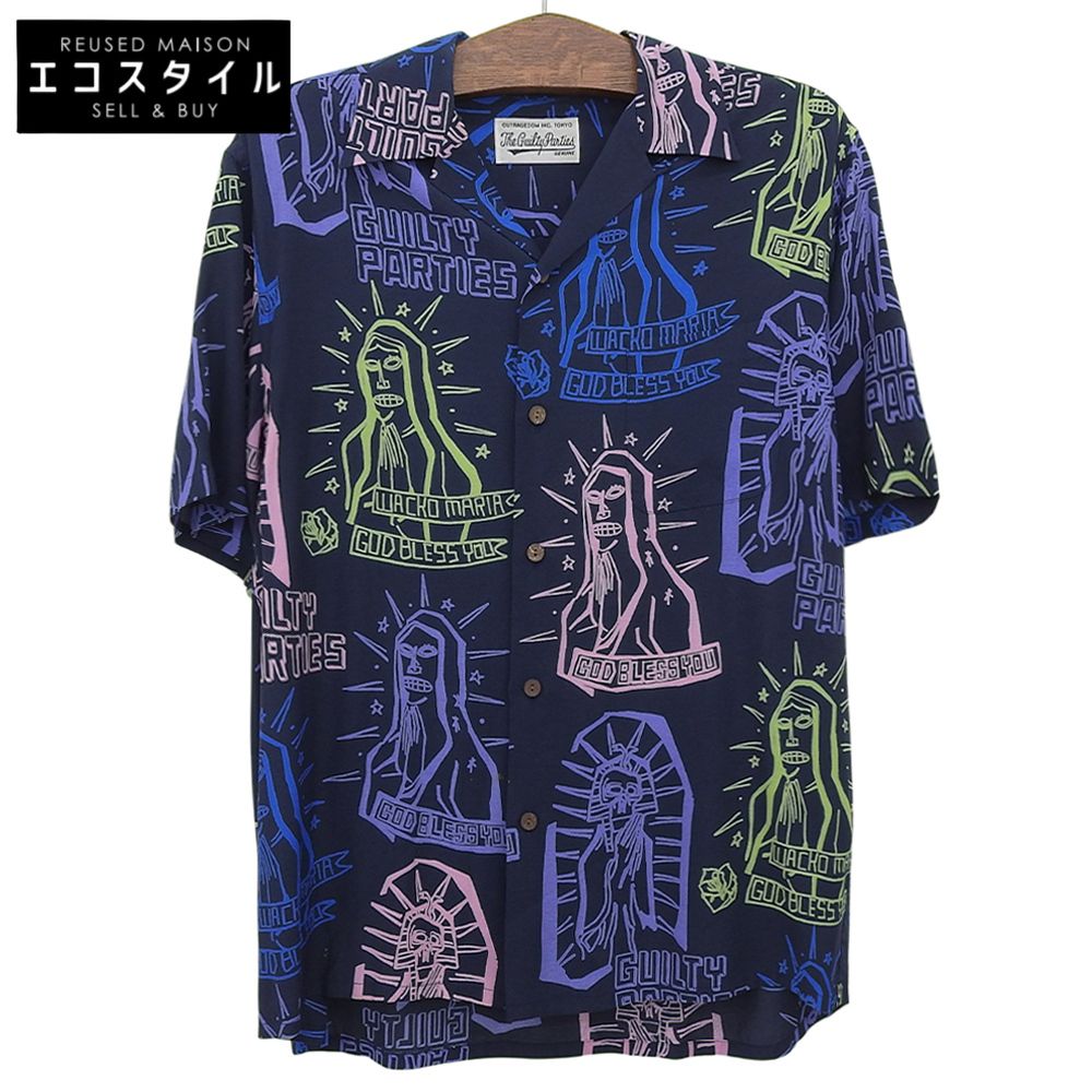 WACKO MARIA　ワコマリア　レーヨン ペイント 半袖オープンカラーシャツ トップス メンズ ネイビー M　M