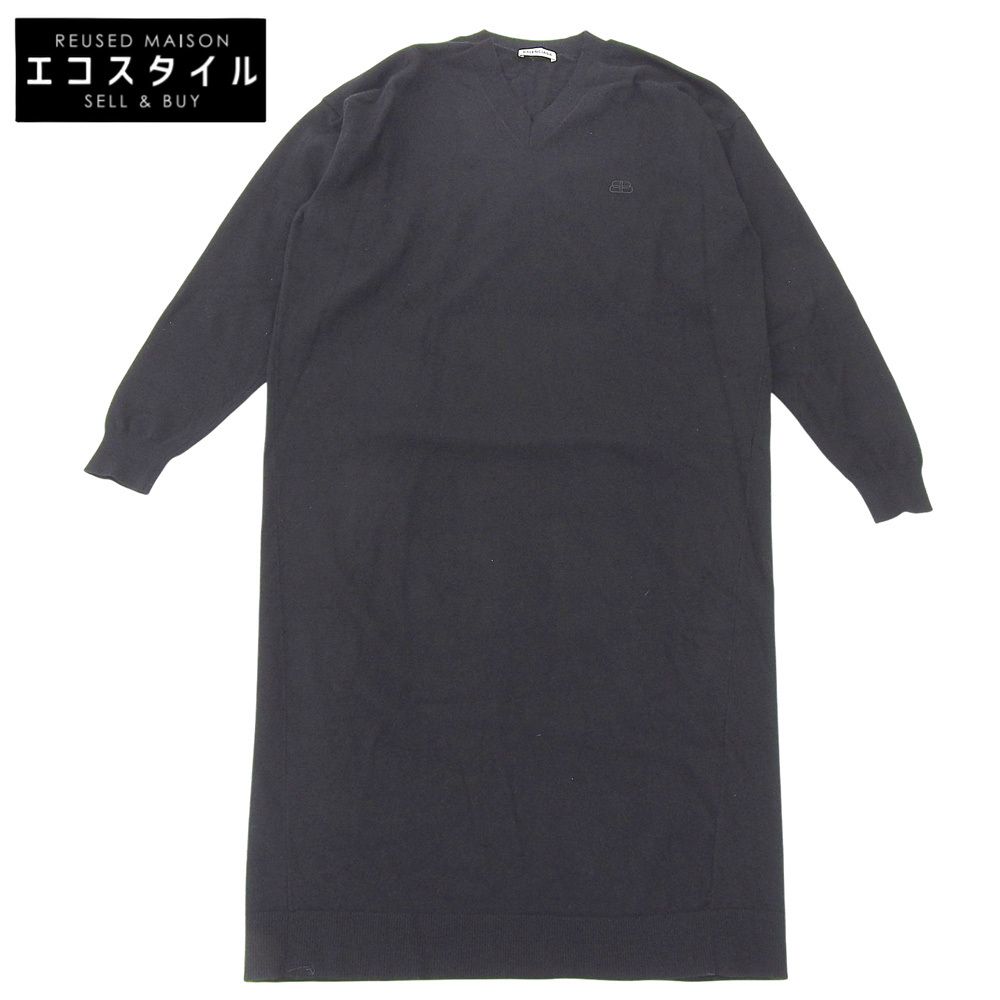 BALENCIAGA　バレンシアガ　ウール BBロゴ刺しゅう Vネック ニットワンピース レディース ブラック S 599890 19年　S