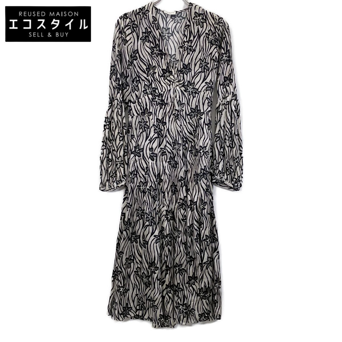 DRIES VAN NOTEN　ドリスヴァンノッテン　20年 ブラック×グレー レーヨンシルク 花柄 袖ベロア切替 ドレスワンピース　36