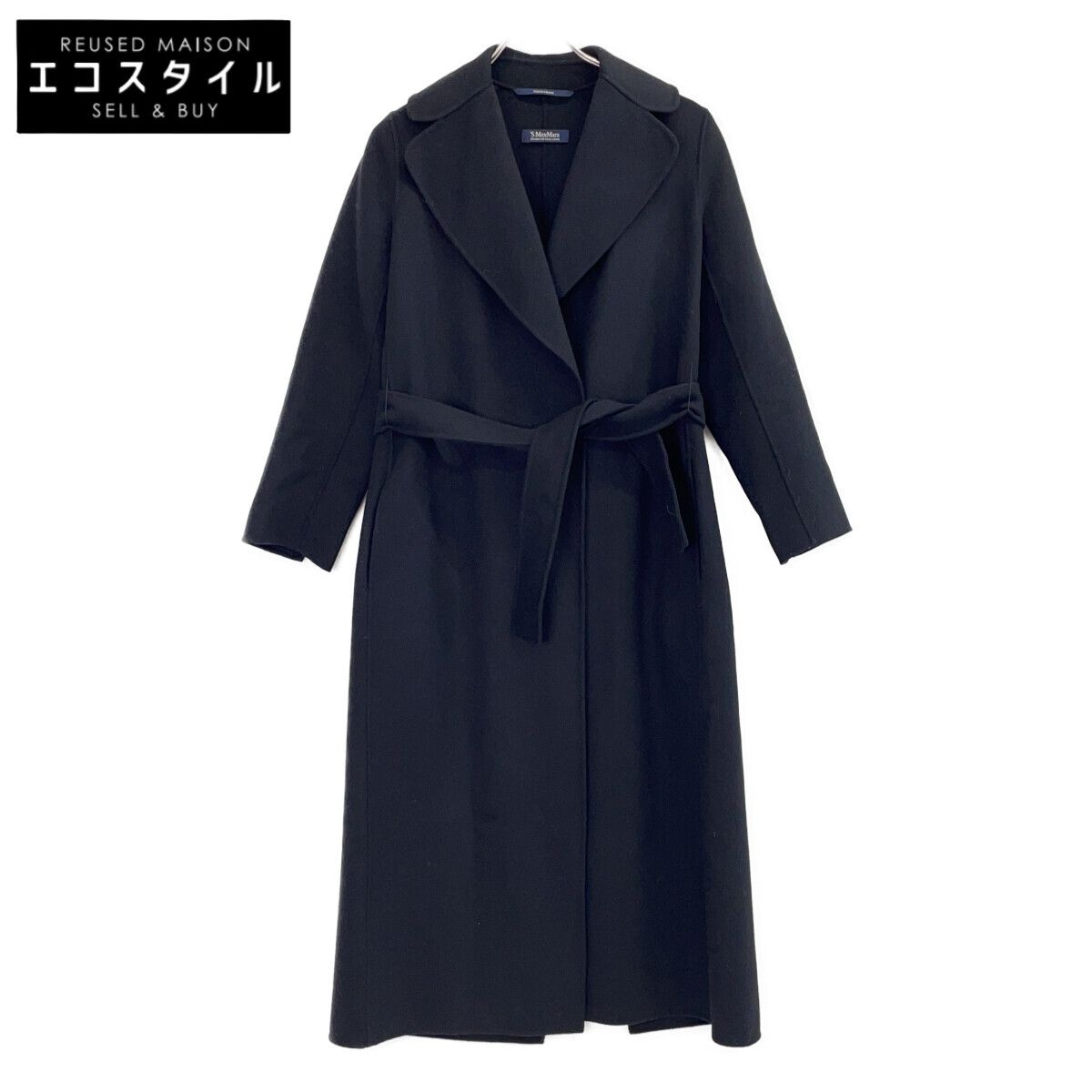 S MaxMara　エスマックスマーラ　901609936 クトートアマーノ ブラック ヴァージンウール ダブルフェイス ベルテッドロングコート　34