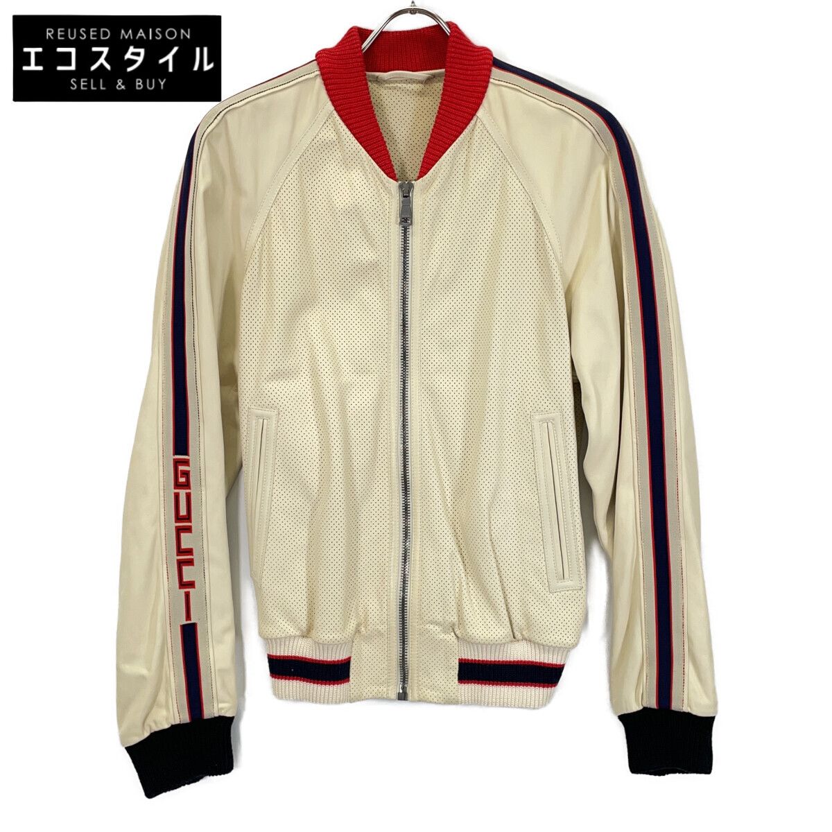 GUCCI　グッチ　497399 ベージュ ラムスキン バックロゴ パンチング レザージャケット ボンバージャケット　44