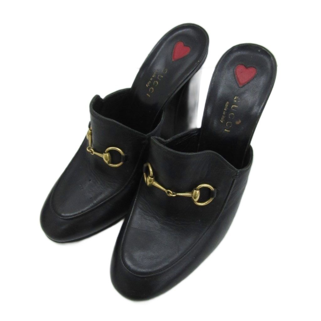 グッチ GUCCI ホースビットレザーサンダルミュール ハイヒール 38 黒 ブラック /SM19 ■GY19