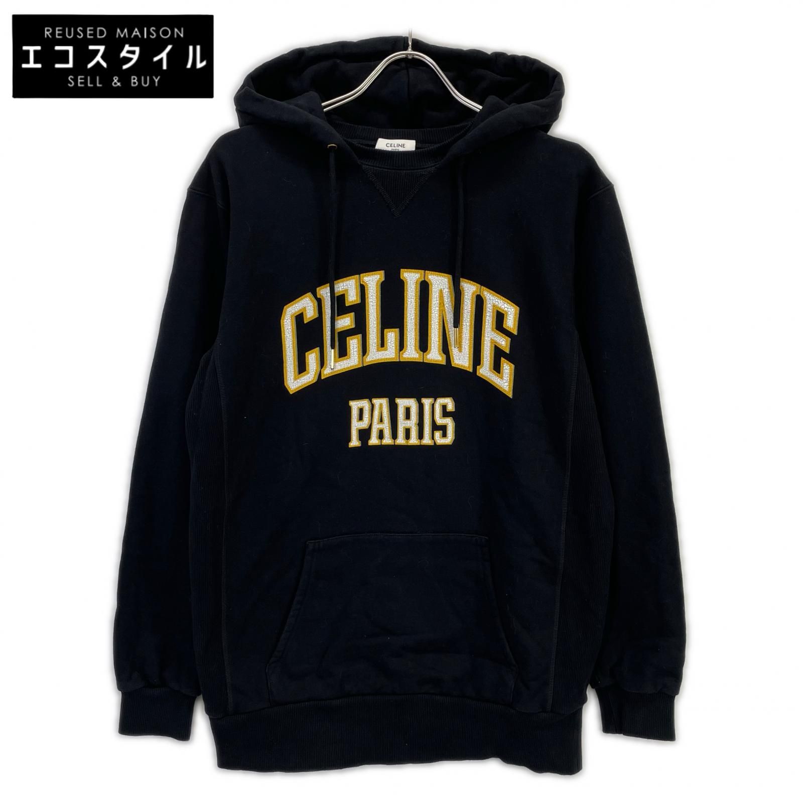 CELINE　セリーヌ　2Y70F670Q.38WL ブラック×イエロー コットン フロントロゴ オーバーサイズプルオーバーパーカー/スウェットフーディ　XS