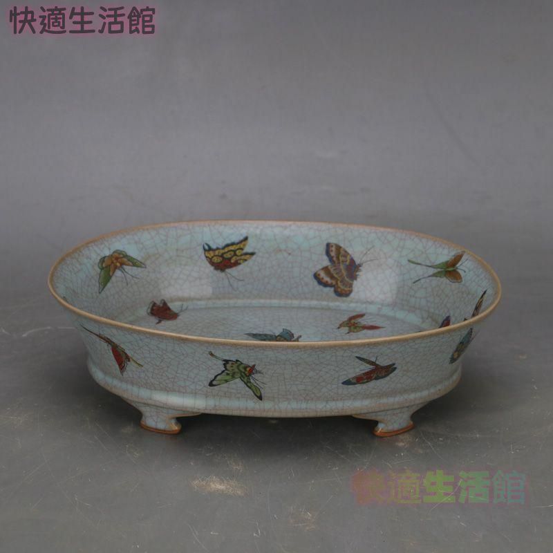 宋汝窯 天青釉蝶紋 四足水仙盆 景徳鎮 陶磁器 装飾品 現代工芸品 美術品 置物 美術品・アンティーク・コレクション 宋汝窯 天青釉蝶紋 四足水仙盆