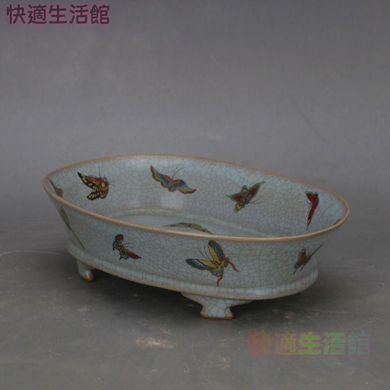 宋汝窯 天青釉蝶紋 四足水仙盆 景徳鎮 陶磁器 装飾品 現代工芸品 美術品 置物 GY529