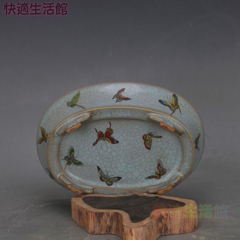 宋汝窯 天青釉蝶紋 四足水仙盆 景徳鎮 陶磁器 装飾品 現代工芸品 美術品 置物 美術品・アンティーク・コレクション 宋汝窯 天青釉蝶紋 四足水仙盆