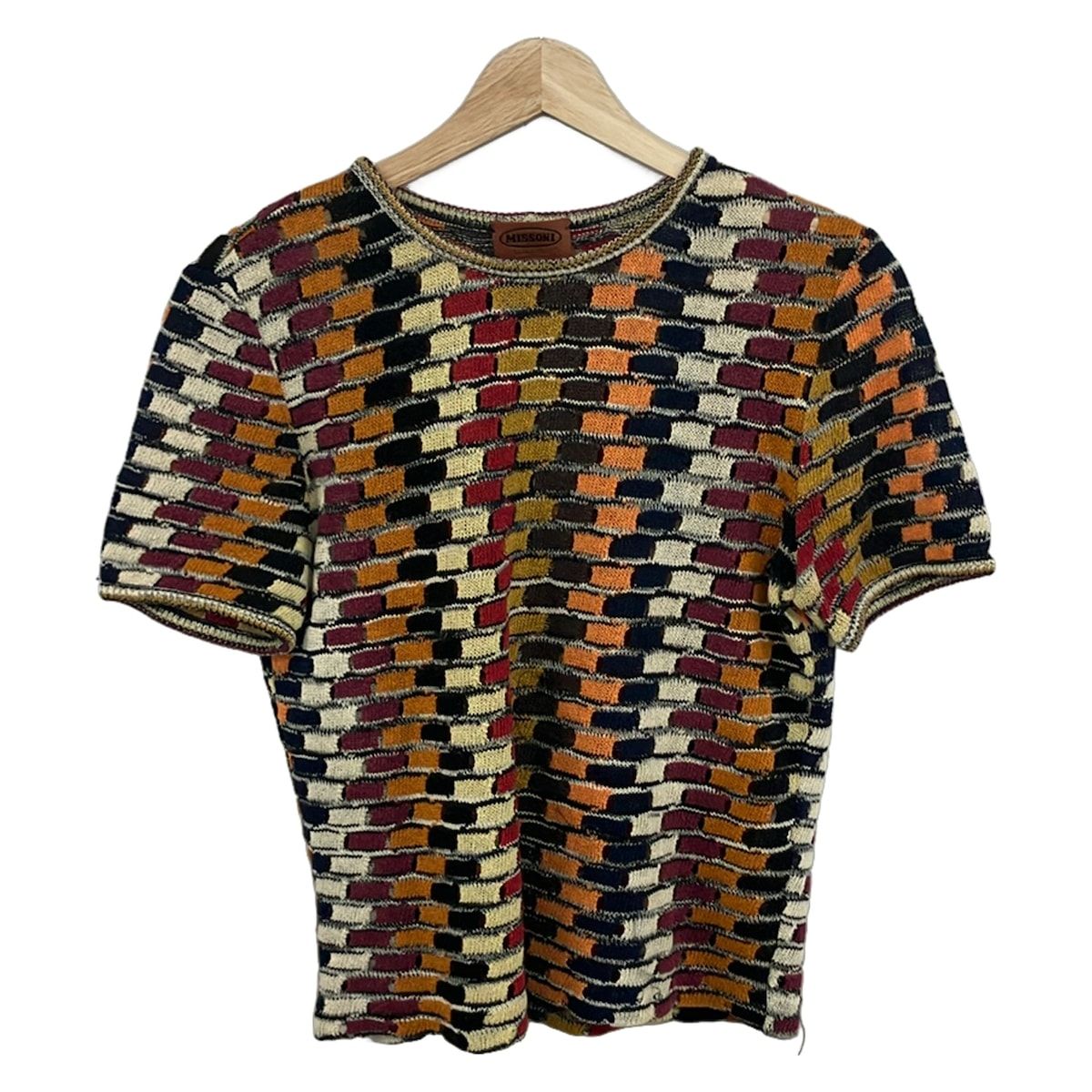 MISSONI(ミッソーニ) 半袖セーター サイズ46 L レディース美品 - ダークイエロー×ネイビー×マルチ クルーネック