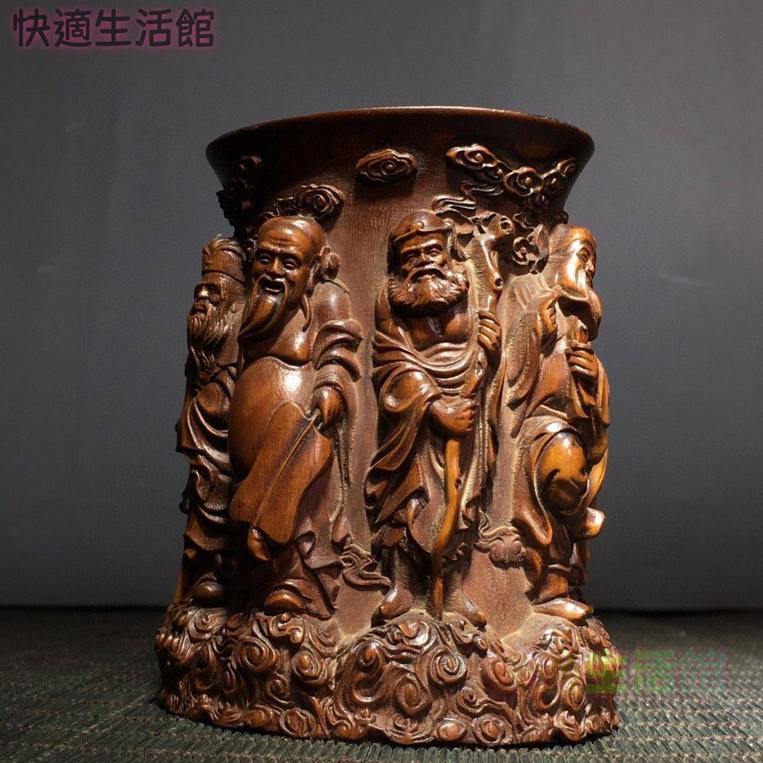 木彫筆筒 浮彫八仙 文房四宝 収納 書道具 文房具 工芸品 美術品 置物 GY529