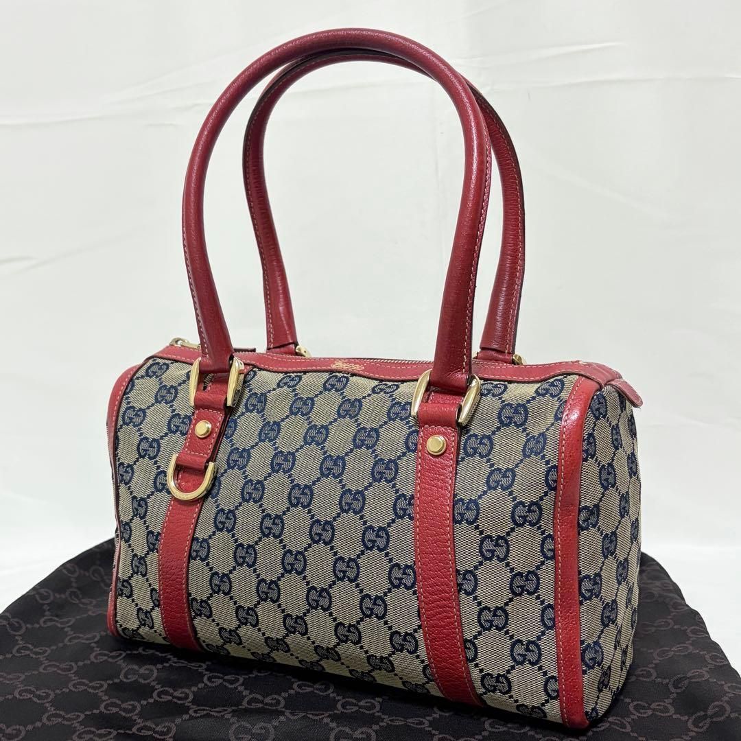 GUCCI グッチ ミニボストンバッグ ハンドバッグ アビー GGキャンバス レザー ベージュ ネイビー レッド 130942 美品