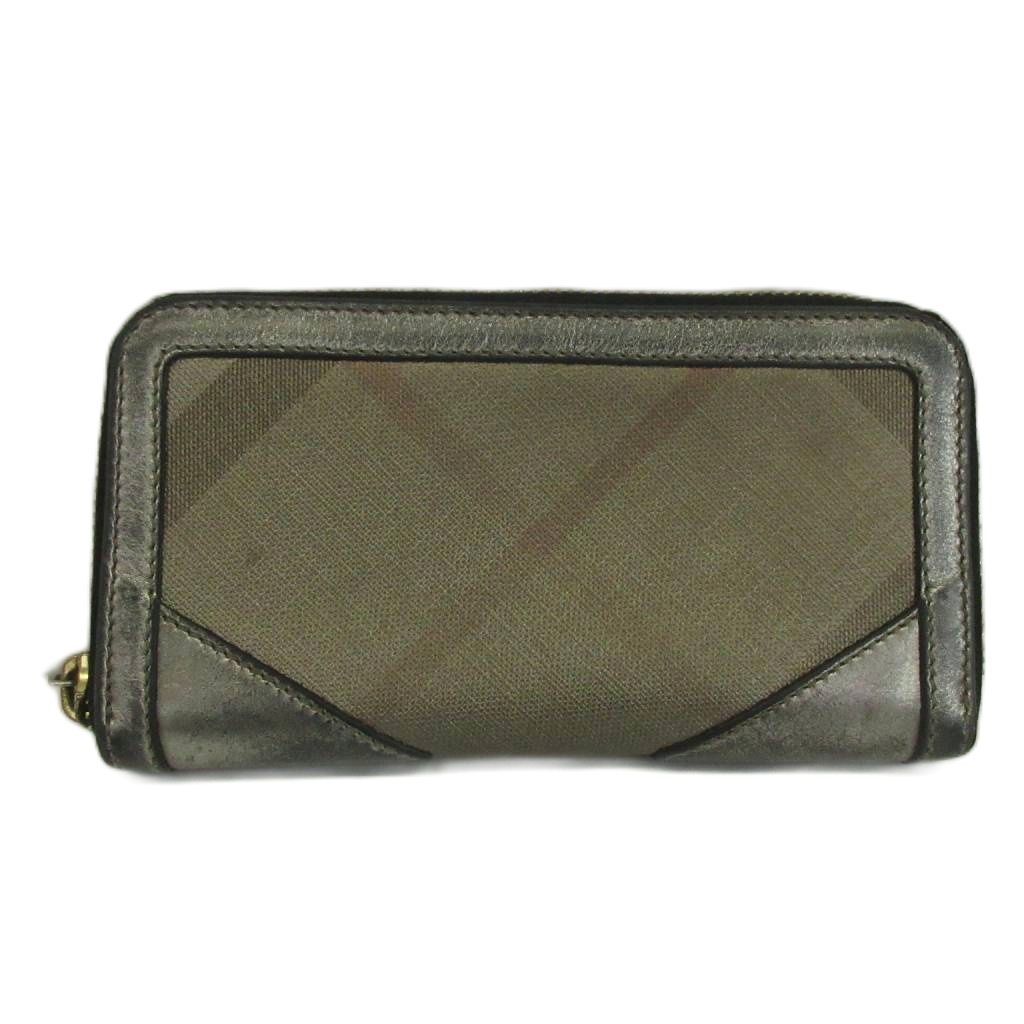 バーバリー BURBERRY 長財布 PVC 牛革 レザー ラウンドファスナー ノバチェック グレー /XZ ■GY18