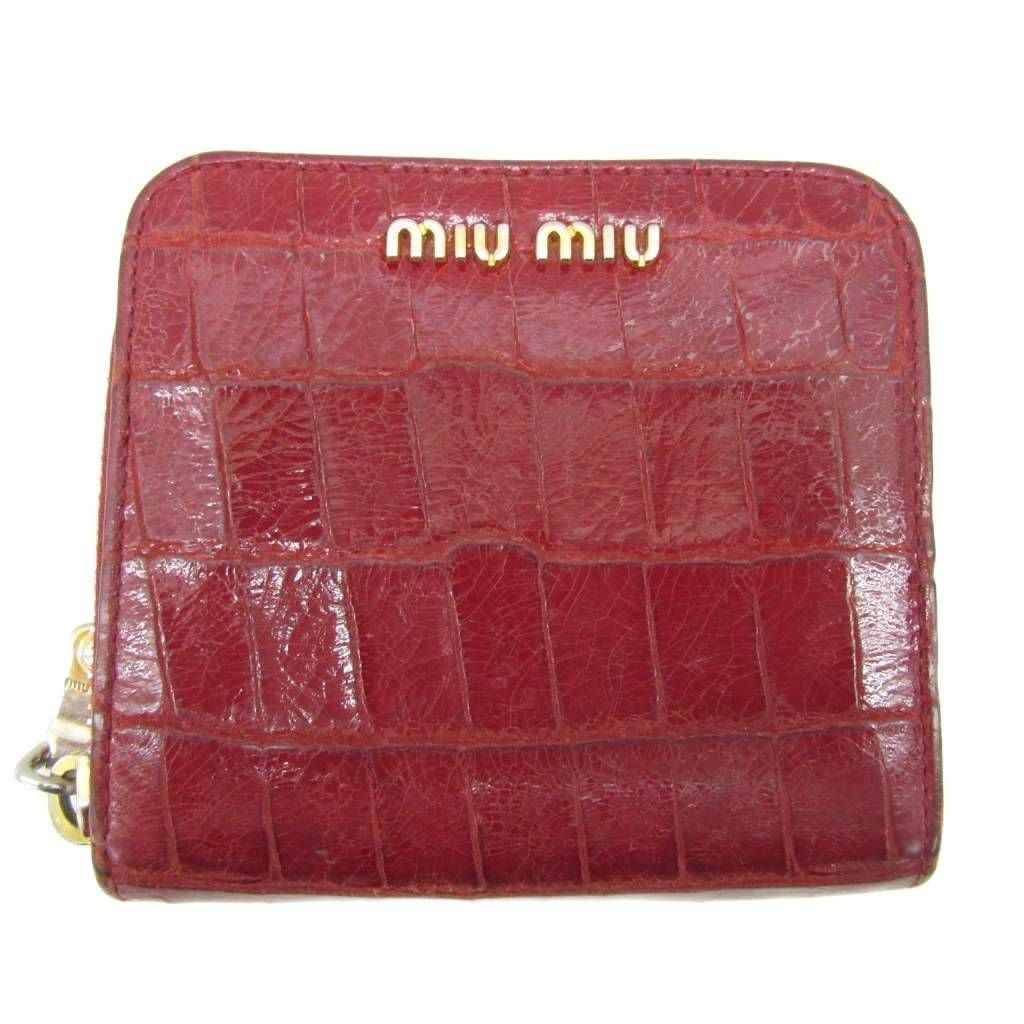 ミュウミュウ miumiu 二つ折り財布 小銭入れあり レザー クロコダイル型押し 赤 レッド ロゴ金具 ラウンドファスナー /YS18 ■GY18