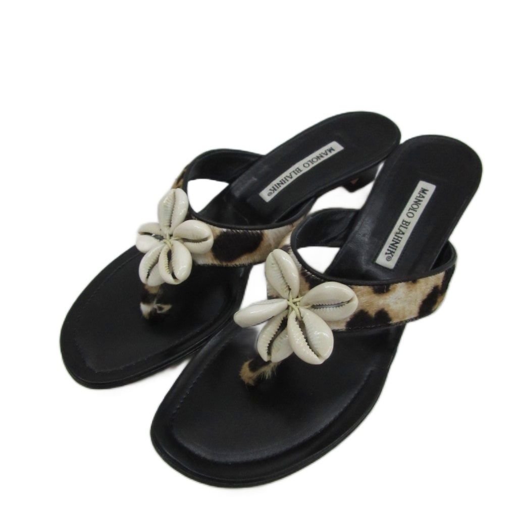 マノロブラニク MANOLO BLAHNIK トングサンダル レザー ハラコ 38.5 黒 ブラック 貝殻装飾 ローヒール /SM11 ■GY19
