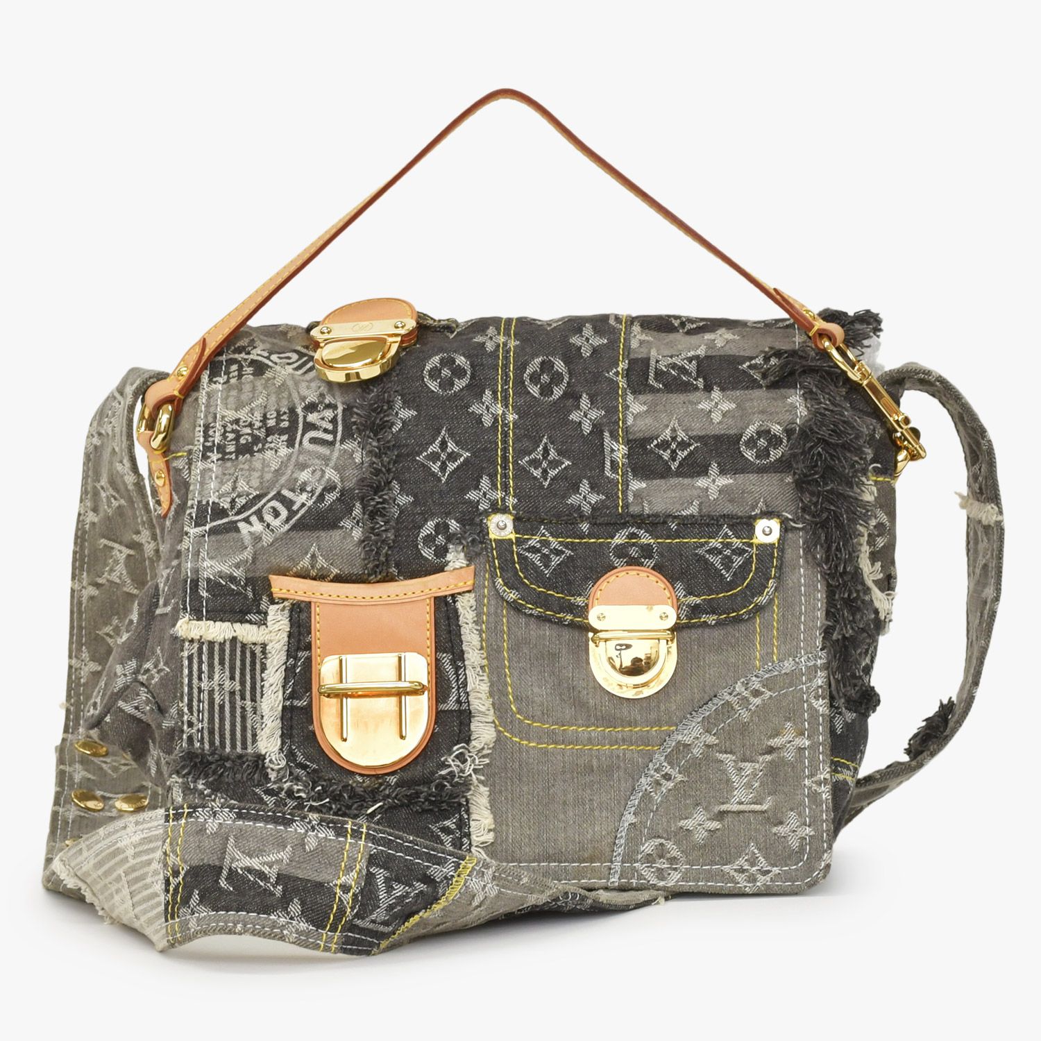 極美品 LOUIS VUITTON ルイヴィトン モノグラムデニム パッチワーク ポスティ メッセンジャーバッグ M95375 グレー 中古 4a002881