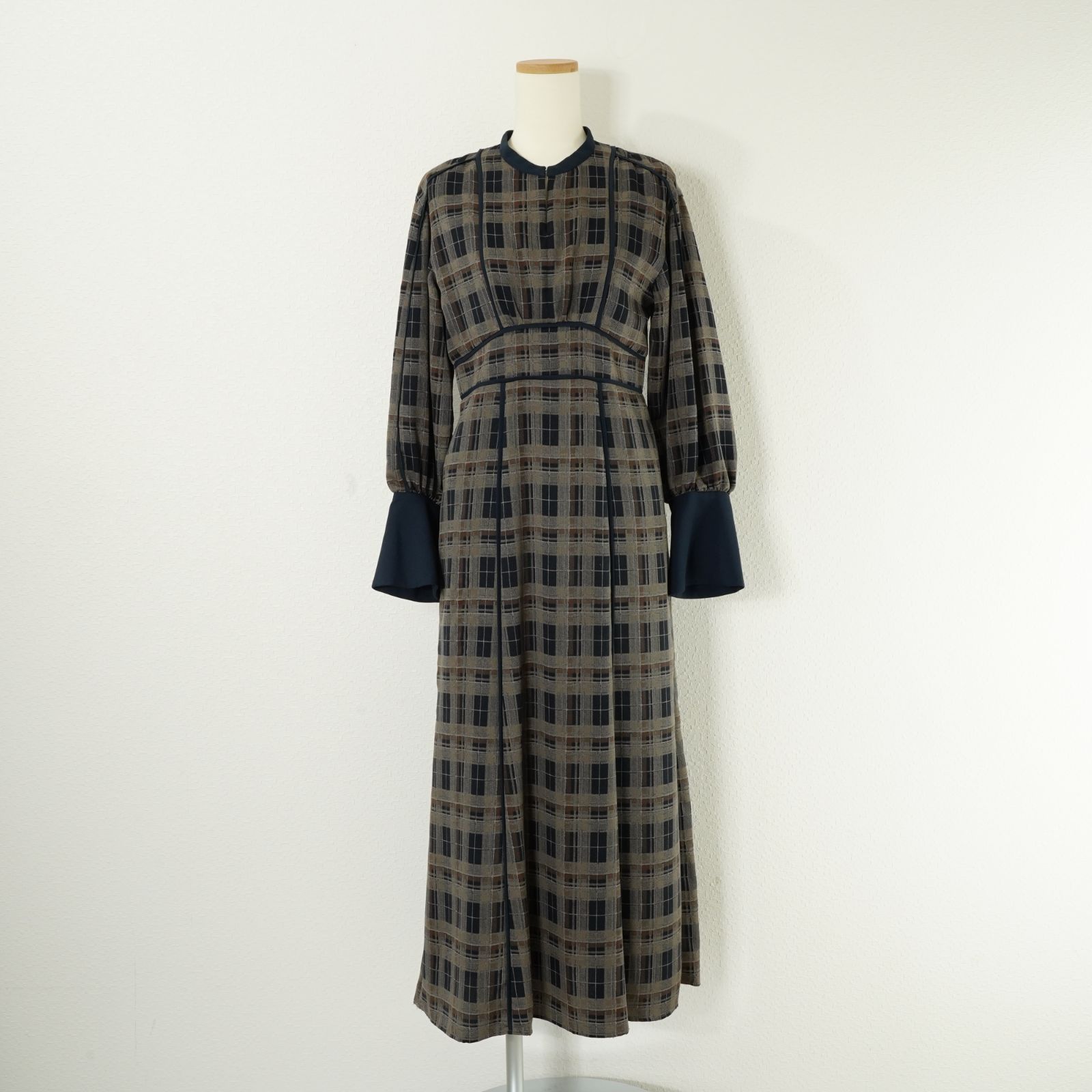 CLANE クラネ CHECK PIPING ONE PIECE チェック パイピング ワンピース ロング 長袖 紺