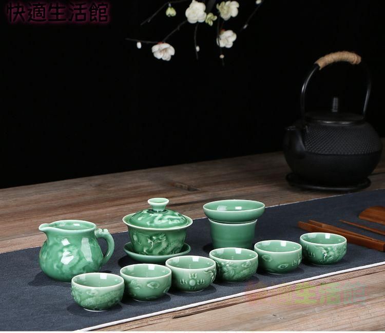 中国美術品 青磁茶碗浮彫龍茶茶茶器セット 新品未使用 GY529