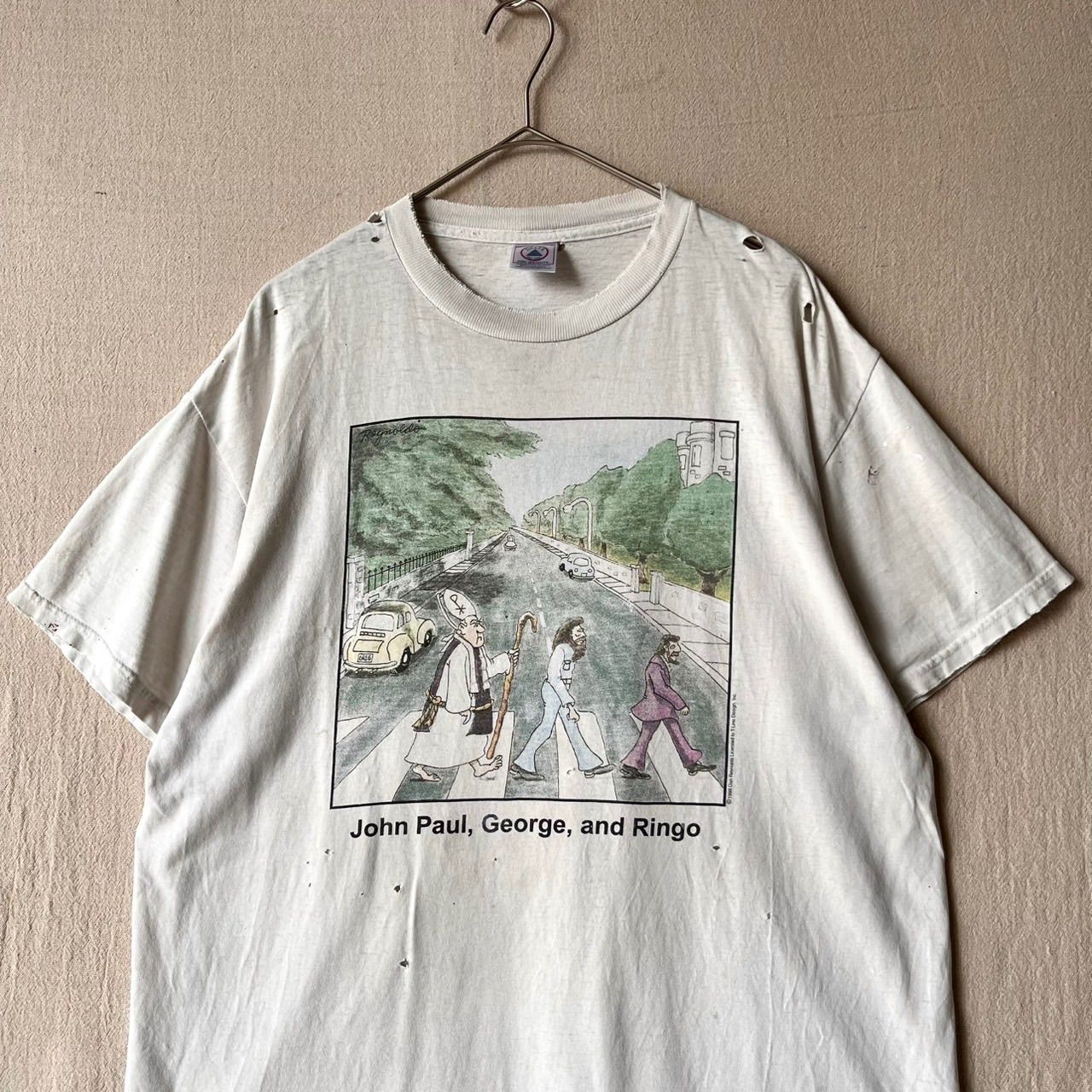 90s THE BEATLES パロディ Tシャツ / XL コットン ホワイト プリント 半袖 ボロ USA ビンテージ T6-04081-910