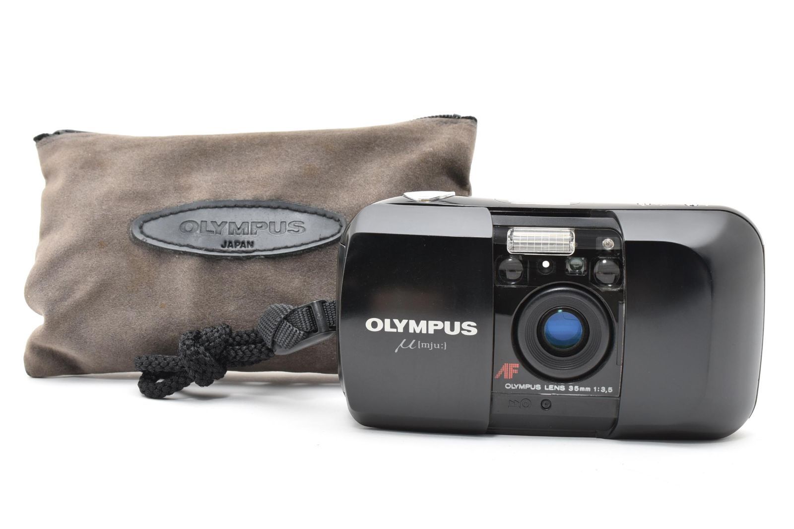 オリンパス OLYMPUS μ mju ミュー 初代 ブラック 35mm F3.5 ケース付き コンパクトフィルムカメラ [実用美品] #2891740A