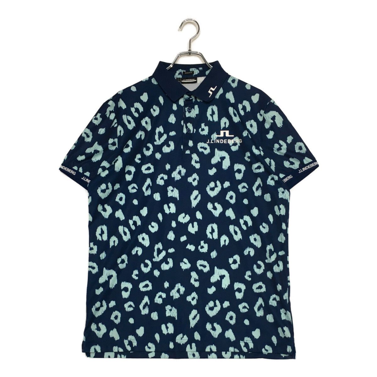 中古 メンズ ジェイリンドバーグ J.LINDEBERG 半袖ポロシャツ L 青 ブルー ヒョウ柄