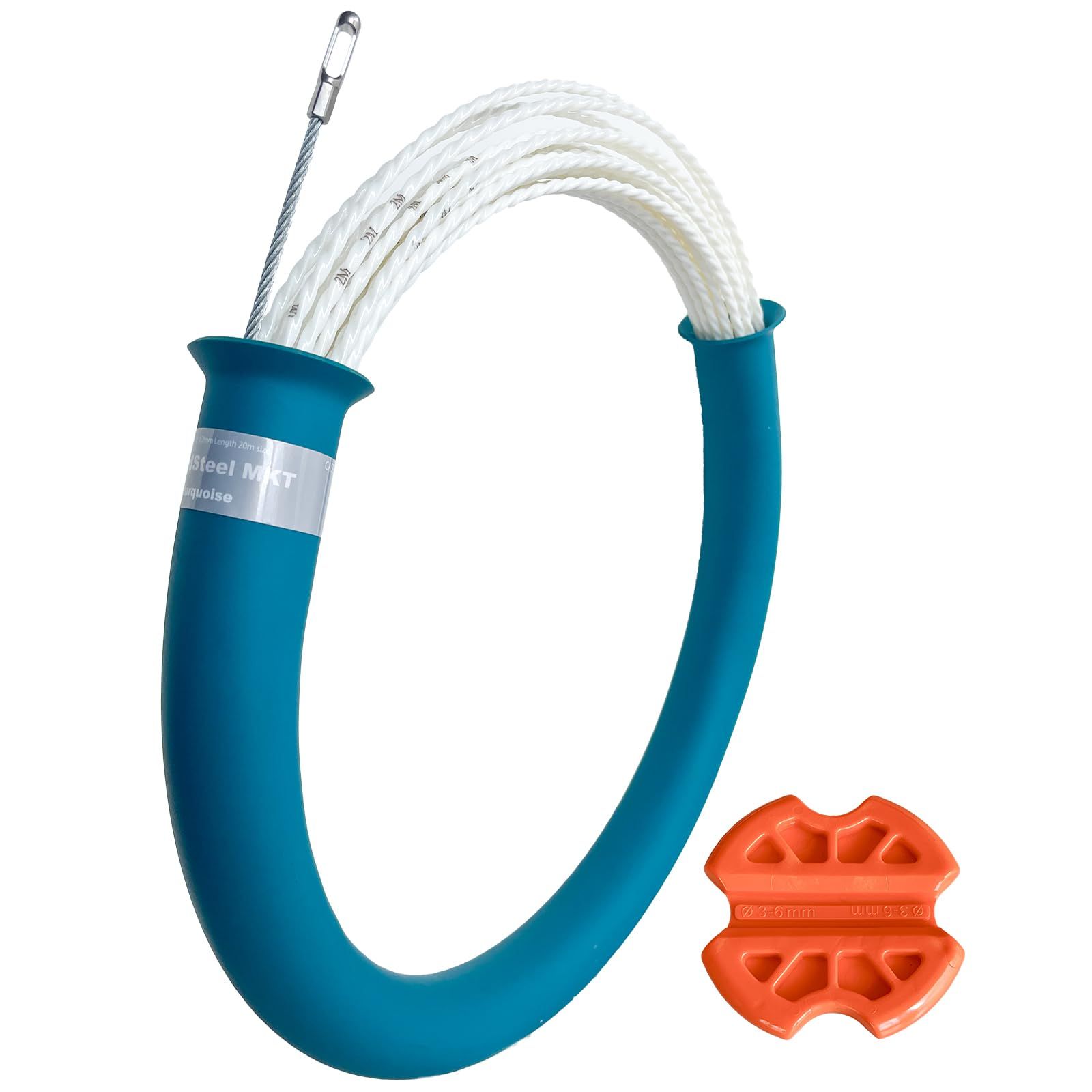 他の工具と馴染むカラーに仕上げました 【なにより道具を大切にするあなたに使って欲しい】SPEED STEEL MKT スピードスチール 速攻通線20m Φ4.0 (ホワイト&ターコイズチューブ) 配線通し 通線ワイヤー 長さがわかる メジャー d2d67463