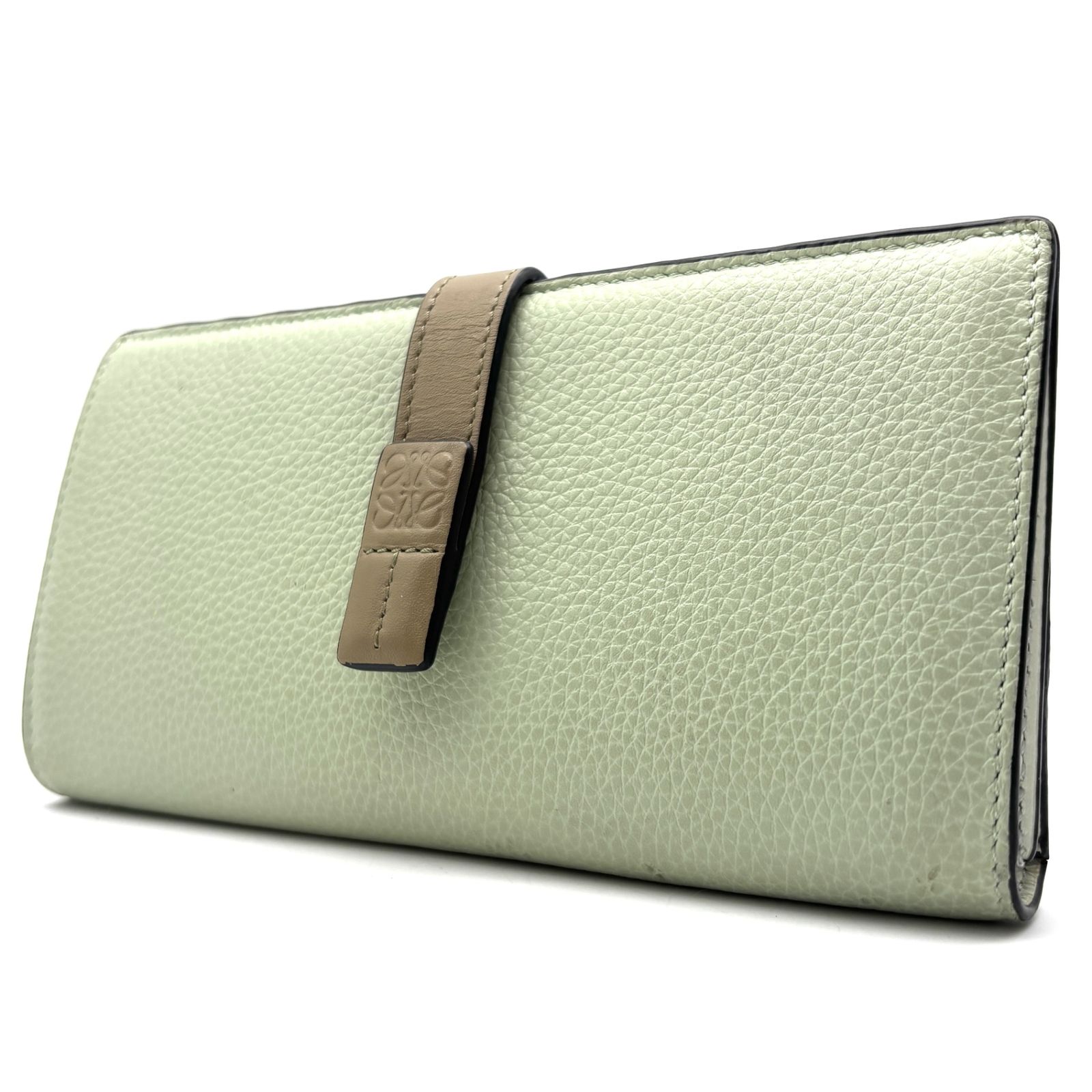 美品 LOEWE ロエベ アナグラム バーティカル ラージウォレット 長財布 二つ折り バイカラー ライトグリーン ベージュ カーフ レザー 本革 小銭入れ 札入れ 夏のボーナス サマーギフト 夏休み ご褒美