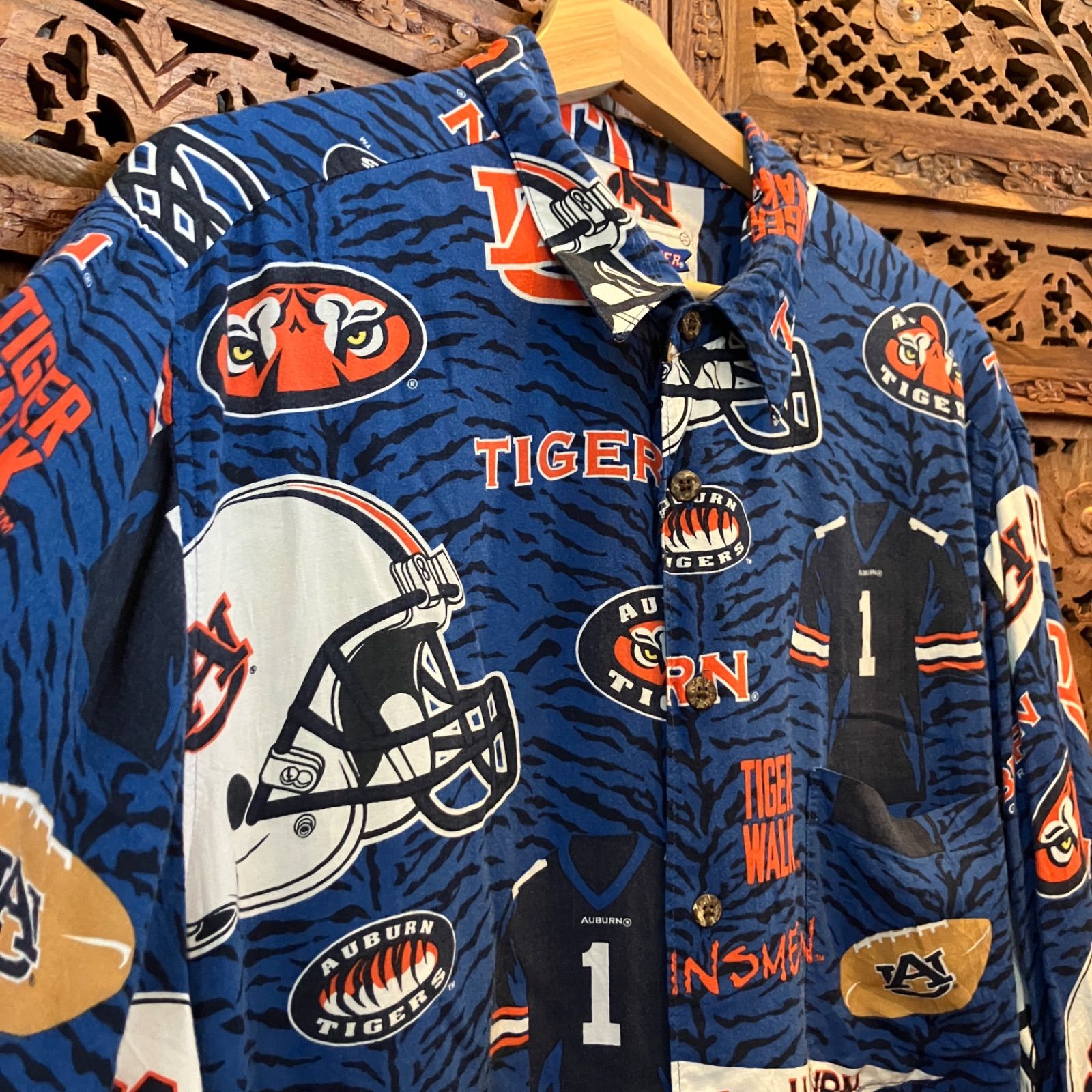90's Reyn SPOONER Aloha shirt AUBURN TIGERS レーヨン アロハシャツ 総柄 アメフト チームシャツ ビンテージ vintage 古着
