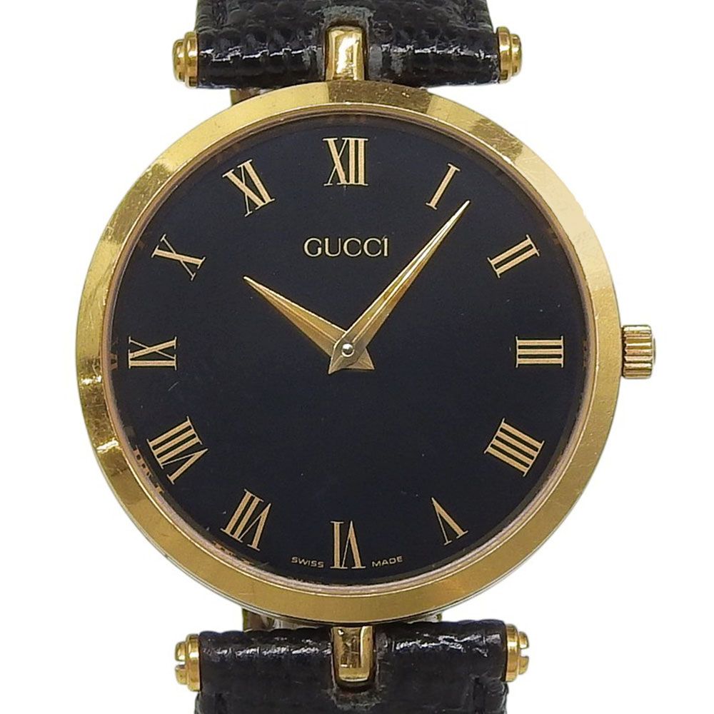 【GUCCI】グッチ 金メッキ×リザード クオーツ アナログ表示 メンズ 黒文字盤 腕時計