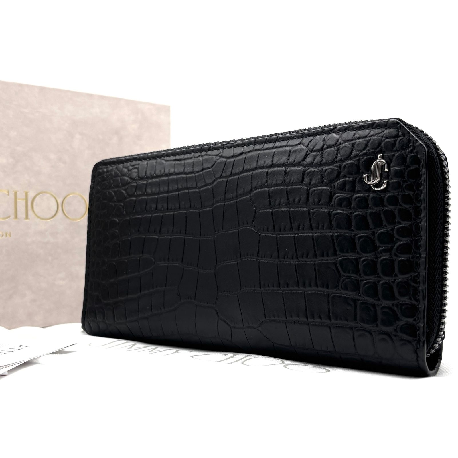 未使用に近い JIMMY CHOO ジミーチュウ CARNABY カーナビー JCロゴ ラウンドファスナー長財布 ロングウォレット ブラック 黒 クロコ型押し レザー 本革 大容量 札入れ 小銭入れ 父の日 夏のボーナス サマーギフト 夏休み 旅行