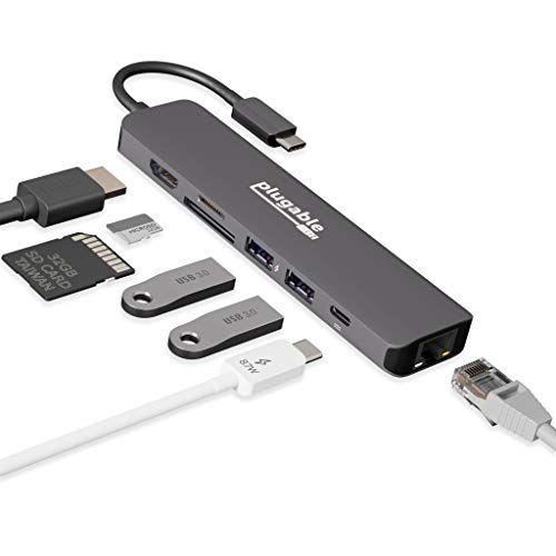 Plugable USB-C ハブ 7-in-1 USB-C 対応マルチアダプター イーサネット付（4K HDMI、USB 3.0 ポートx2、SD/microSD カードリーダー、92W 充電）t f221077b