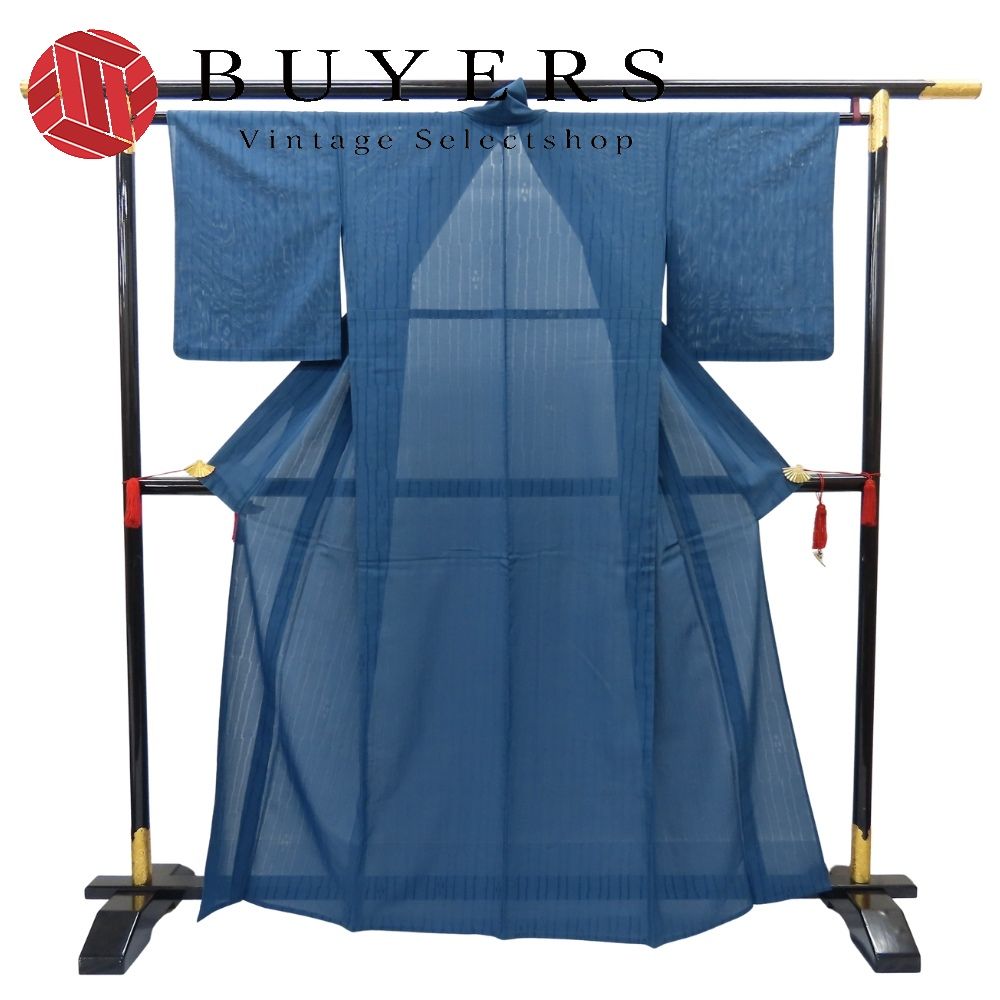 【中古】 小紋 夏物 正絹 着丈約160cm 裄丈約64cm ブルー系 縦縞 お洒落 ハギレ付き 和装 呉服 和服 きもの レディース 女性